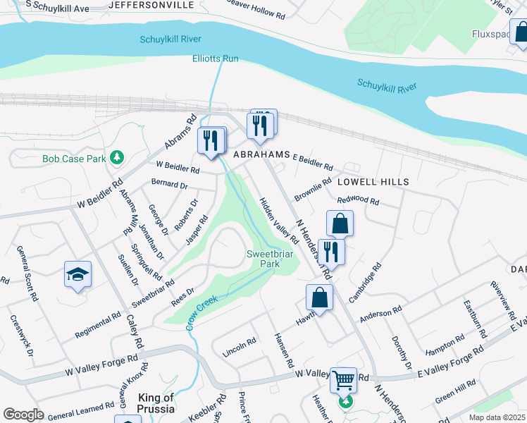 map of restaurants, bars, coffee shops, grocery stores, and more near 680 Hidden Valley Road in King of Prussia