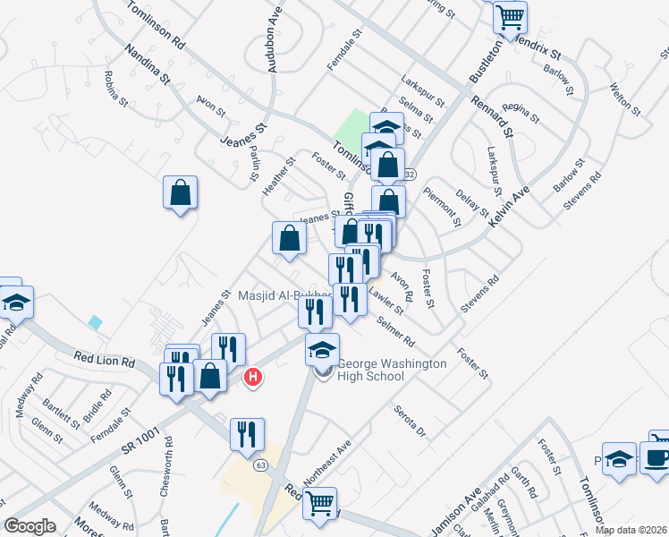 map of restaurants, bars, coffee shops, grocery stores, and more near 10690 Bustleton Avenue in Philadelphia