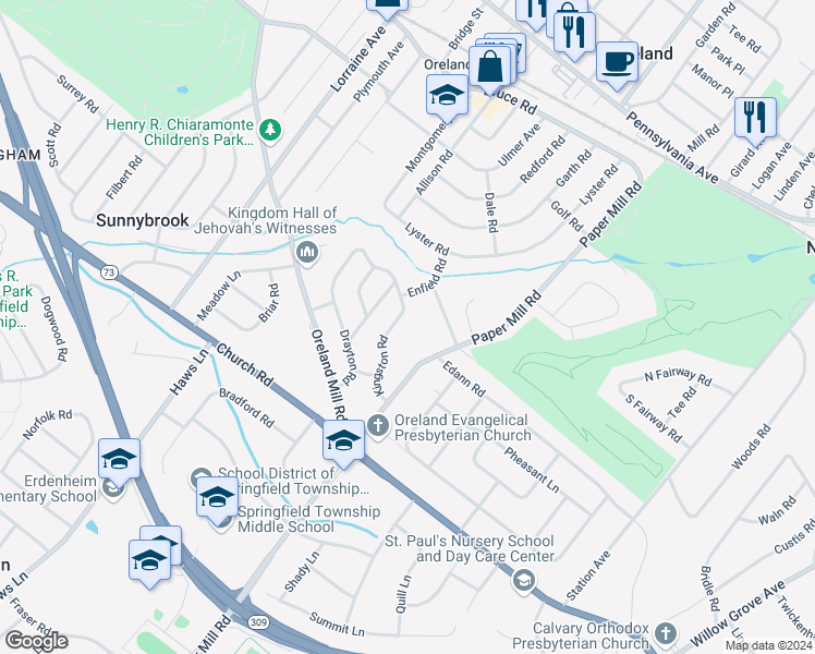 map of restaurants, bars, coffee shops, grocery stores, and more near 508 Kingston Road in Oreland