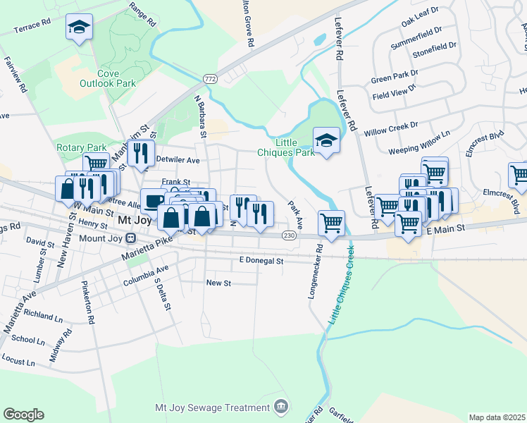 map of restaurants, bars, coffee shops, grocery stores, and more near 24 North Jacob Street in Mount Joy