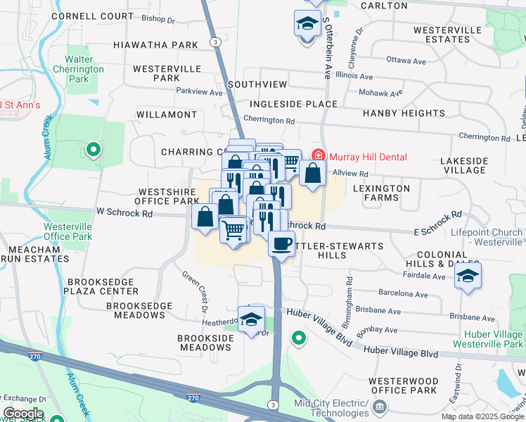 map of restaurants, bars, coffee shops, grocery stores, and more near 611 South State Street in Westerville