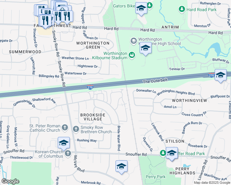 map of restaurants, bars, coffee shops, grocery stores, and more near 1527 Worthington Row Drive in Columbus