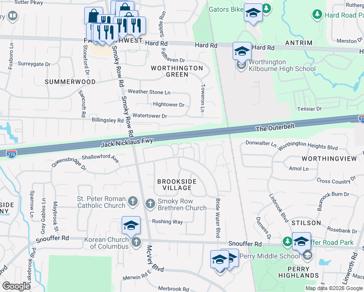map of restaurants, bars, coffee shops, grocery stores, and more near 1689 Park Row Drive in Columbus