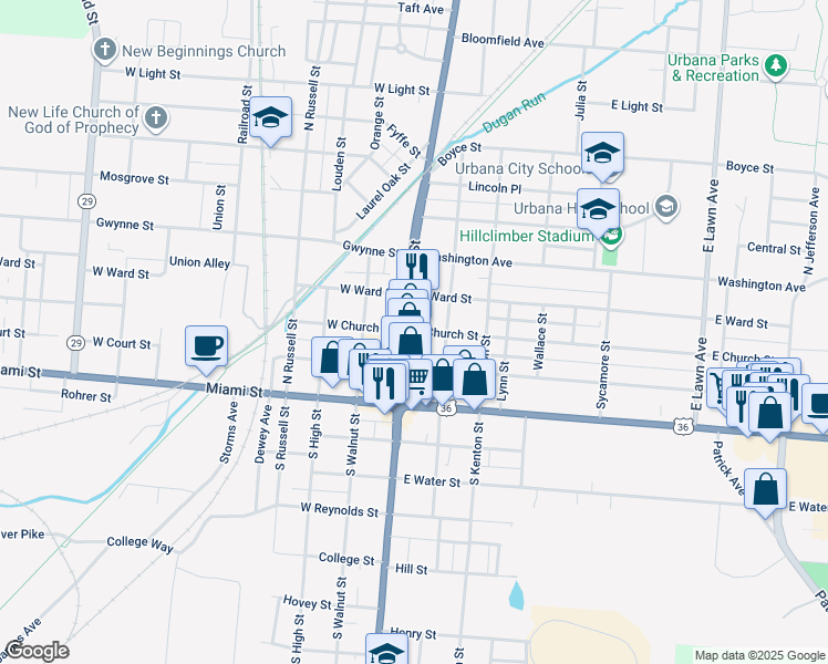 map of restaurants, bars, coffee shops, grocery stores, and more near 238 North Main Street in Urbana
