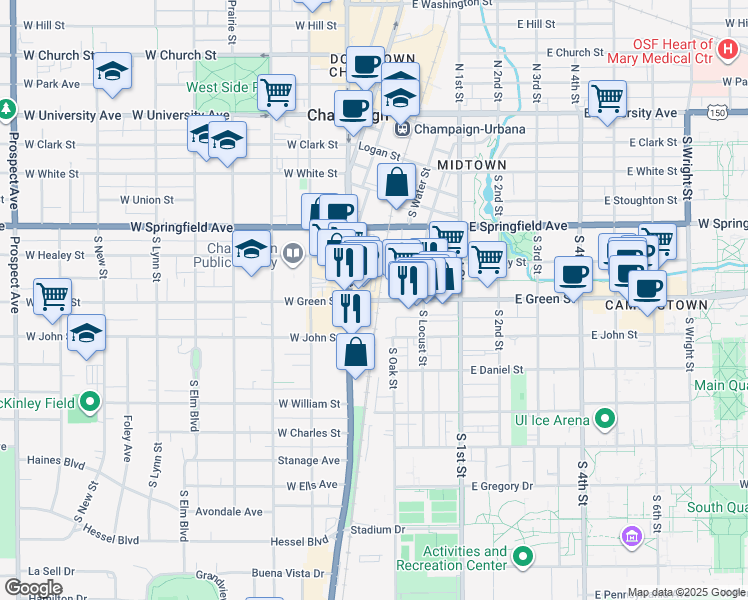 map of restaurants, bars, coffee shops, grocery stores, and more near 602 South Neil Street in Champaign