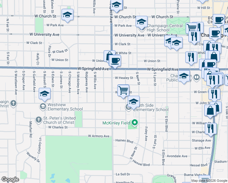 map of restaurants, bars, coffee shops, grocery stores, and more near 809 West Green Street in Champaign