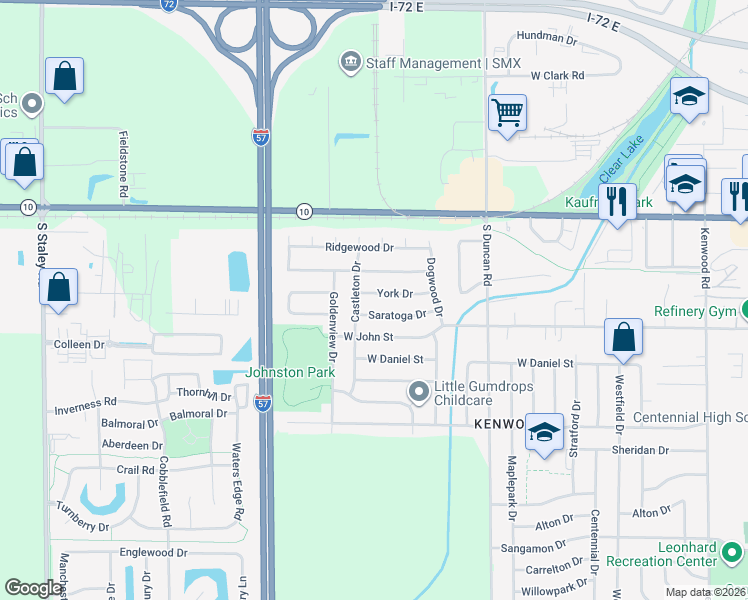 map of restaurants, bars, coffee shops, grocery stores, and more near 3214 Saratoga Drive in Champaign