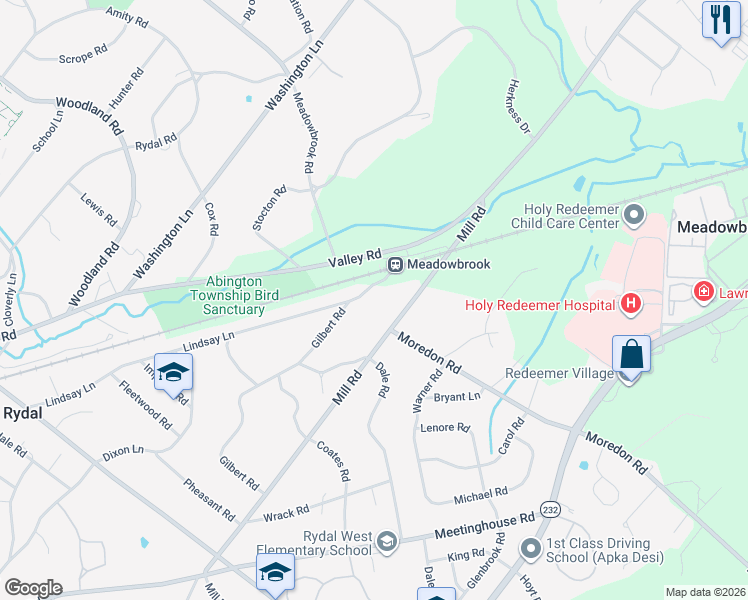 map of restaurants, bars, coffee shops, grocery stores, and more near 1512 Mill Road in Meadowbrook