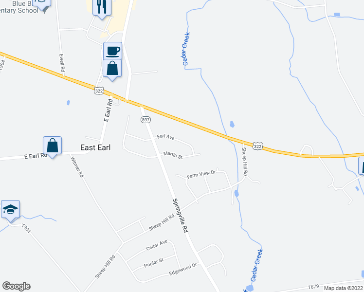 map of restaurants, bars, coffee shops, grocery stores, and more near 1448 Earl Avenue in East Earl