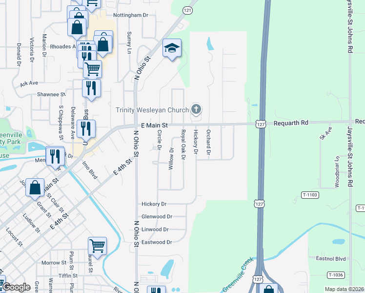 map of restaurants, bars, coffee shops, grocery stores, and more near 165 Royal Oak Drive in Greenville
