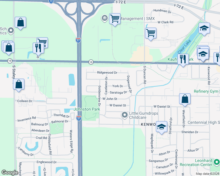 map of restaurants, bars, coffee shops, grocery stores, and more near 3214 Saratoga Drive in Champaign
