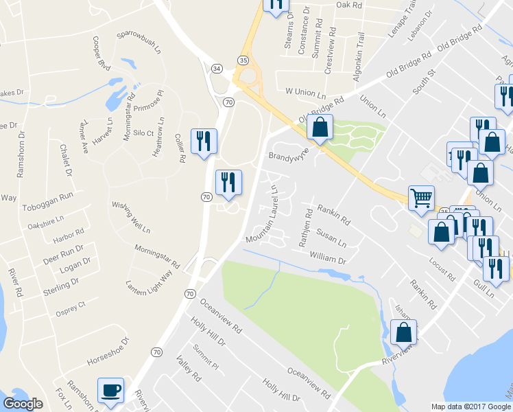 map of restaurants, bars, coffee shops, grocery stores, and more near 40 Poplar Court in Brielle