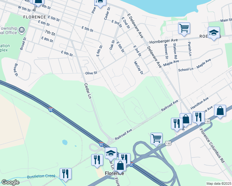 map of restaurants, bars, coffee shops, grocery stores, and more near 50 Abrams Drive in Florence