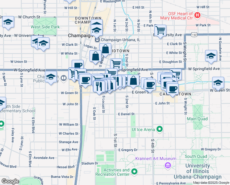 map of restaurants, bars, coffee shops, grocery stores, and more near East Green Street in Champaign