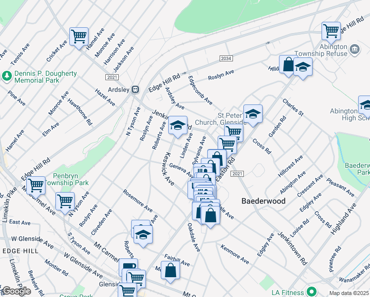 map of restaurants, bars, coffee shops, grocery stores, and more near Linden Avenue in Glenside