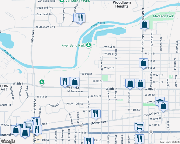 map of restaurants, bars, coffee shops, grocery stores, and more near 1646 West 6th Street in Anderson