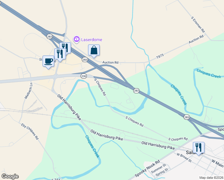 map of restaurants, bars, coffee shops, grocery stores, and more near 885 South Chiques Road in Manheim