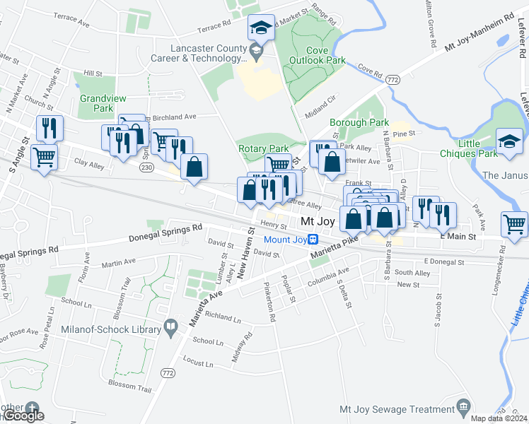 map of restaurants, bars, coffee shops, grocery stores, and more near 70 West Main Street in Mount Joy