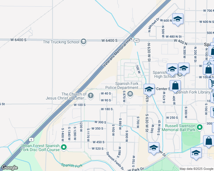 map of restaurants, bars, coffee shops, grocery stores, and more near 987 West 40 North in Spanish Fork