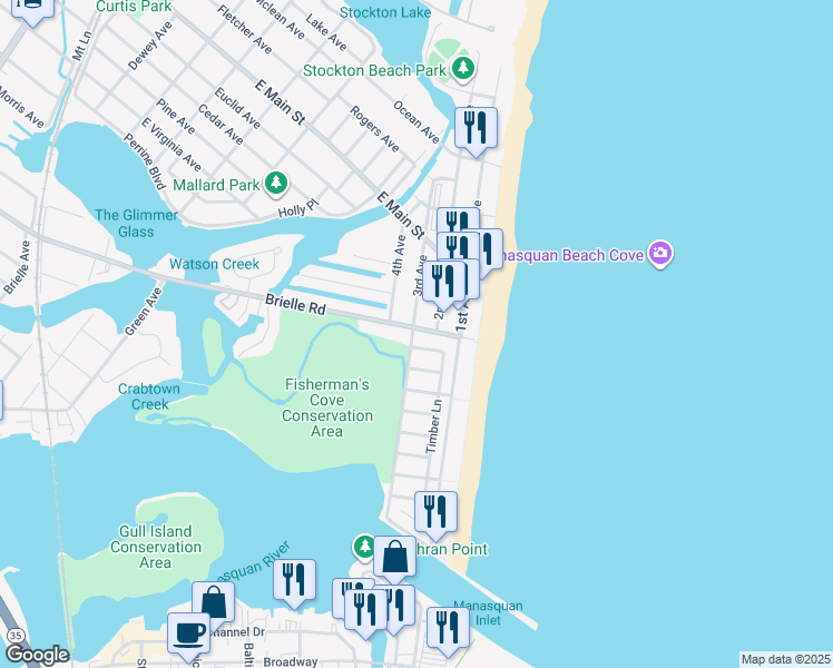 map of restaurants, bars, coffee shops, grocery stores, and more near 563 Brielle Road in Manasquan