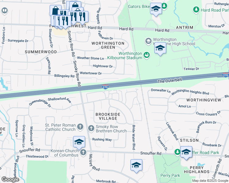 map of restaurants, bars, coffee shops, grocery stores, and more near 1689 Park Row Drive in Columbus