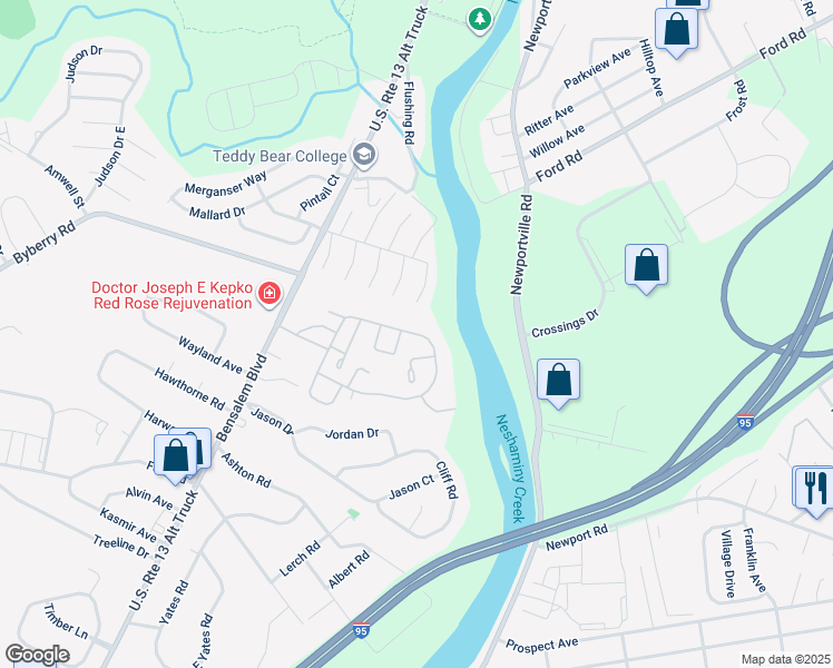 map of restaurants, bars, coffee shops, grocery stores, and more near 450 North Mount Vernon Circle in Bensalem