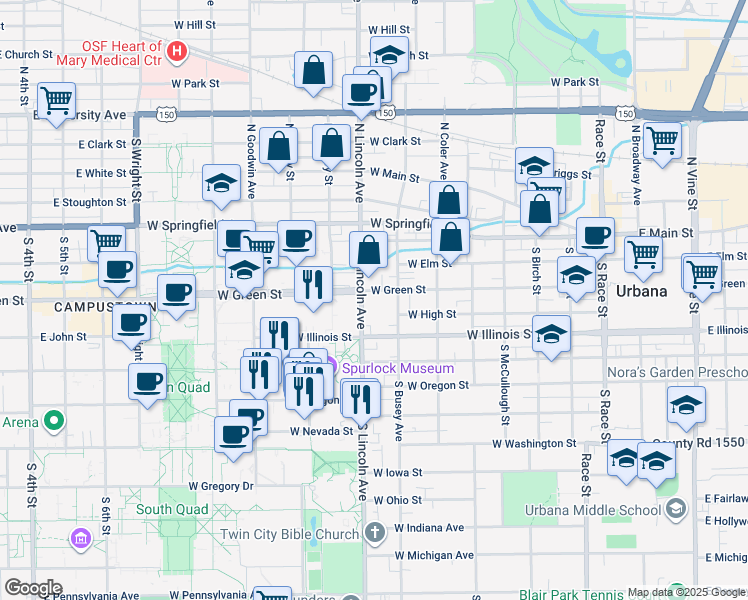map of restaurants, bars, coffee shops, grocery stores, and more near 402 South Lincoln Avenue in Urbana