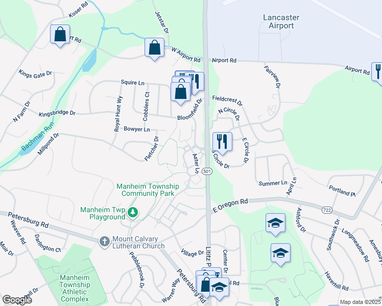 map of restaurants, bars, coffee shops, grocery stores, and more near 2944 Aster Lane in Lititz