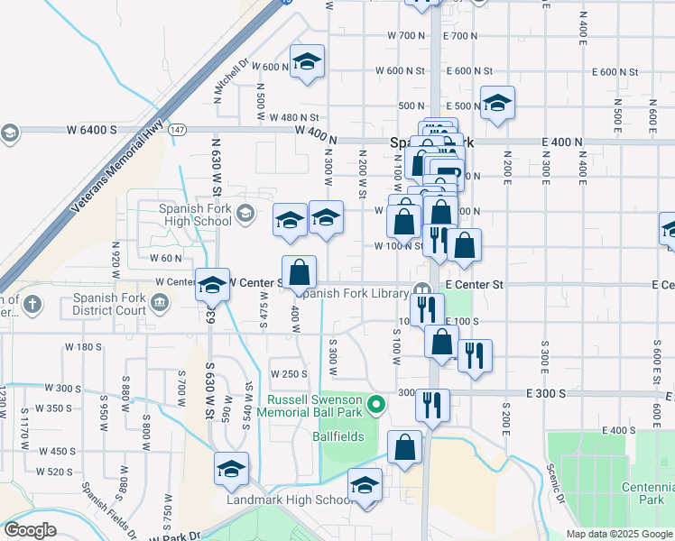 map of restaurants, bars, coffee shops, grocery stores, and more near 290 West Center Street in Spanish Fork