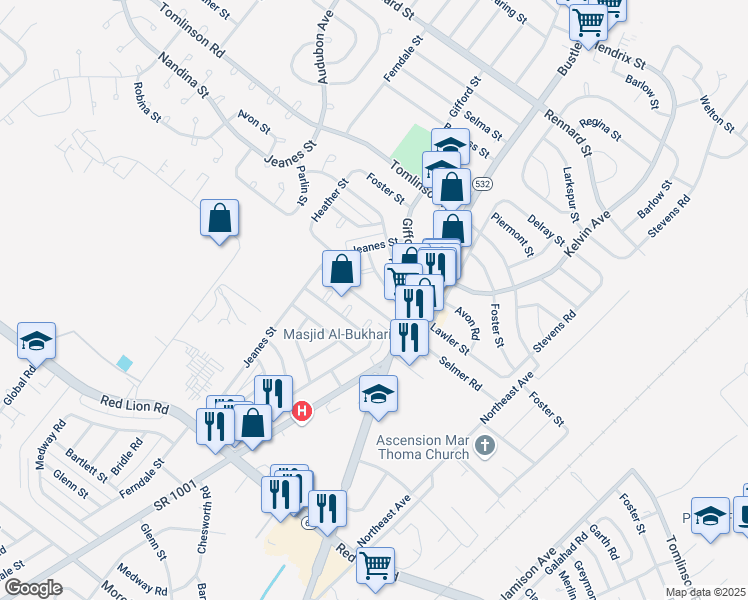 map of restaurants, bars, coffee shops, grocery stores, and more near 10234 Selmer Place in Philadelphia