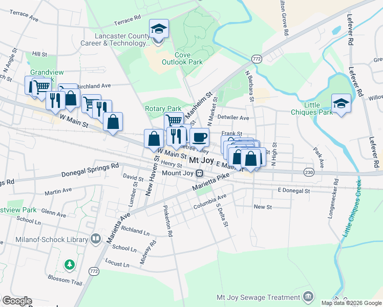 map of restaurants, bars, coffee shops, grocery stores, and more near 22 West Main Street in Mount Joy
