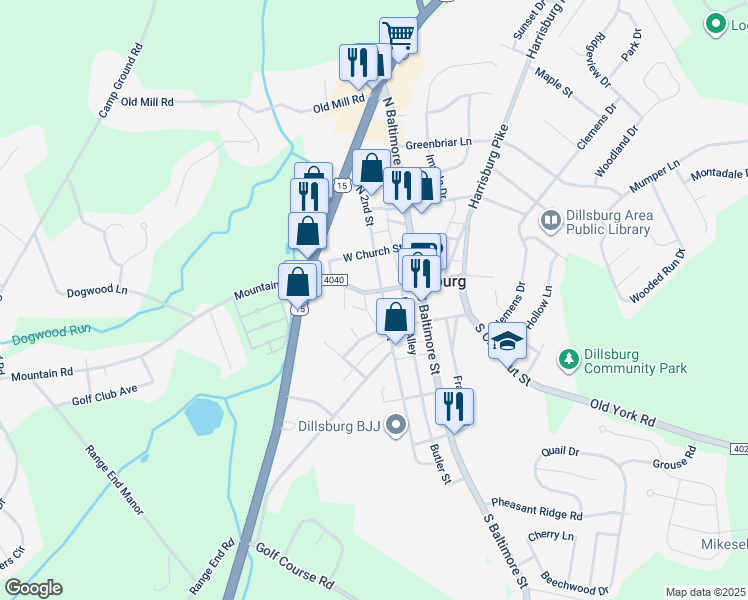 map of restaurants, bars, coffee shops, grocery stores, and more near 21 South 2nd Street in Dillsburg