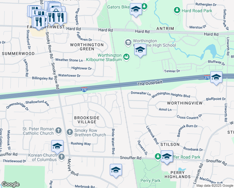 map of restaurants, bars, coffee shops, grocery stores, and more near 1527 Worthington Row Drive in Columbus