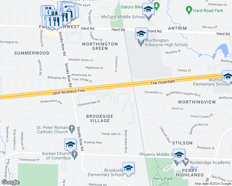map of restaurants, bars, coffee shops, grocery stores, and more near 1586 Worthington Row Drive in Columbus