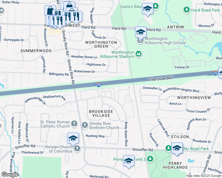 map of restaurants, bars, coffee shops, grocery stores, and more near 1586 Worthington Row Drive in Columbus