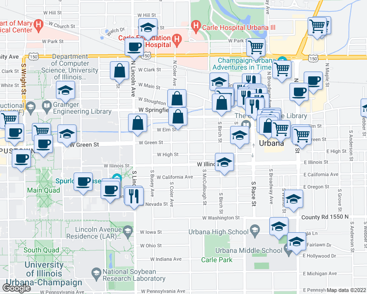 map of restaurants, bars, coffee shops, grocery stores, and more near 602 West High Street in Urbana