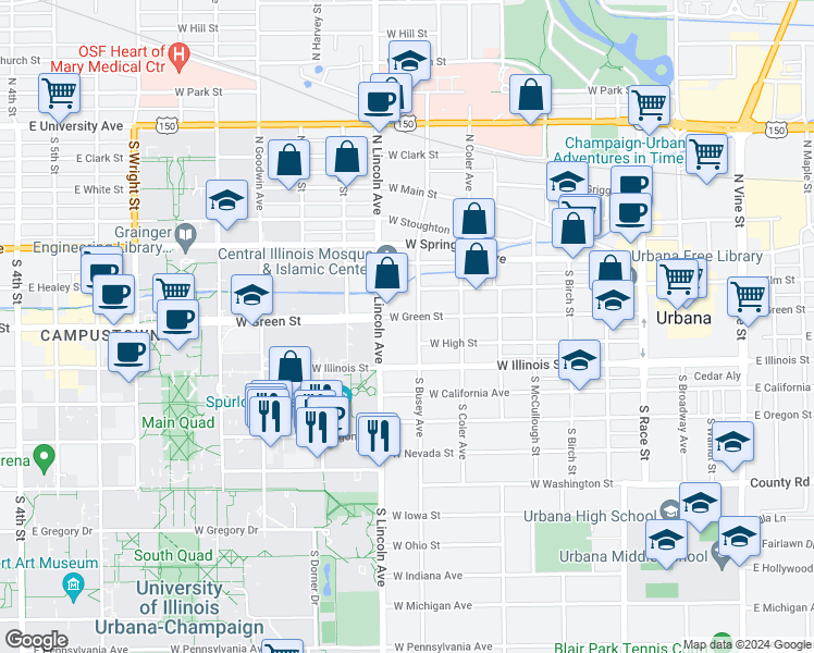 map of restaurants, bars, coffee shops, grocery stores, and more near in Urbana