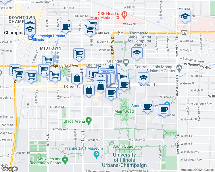 map of restaurants, bars, coffee shops, grocery stores, and more near in Champaign