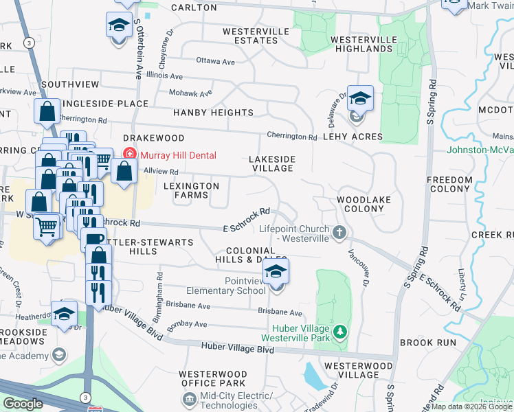 map of restaurants, bars, coffee shops, grocery stores, and more near 296 East Schrock Road in Westerville