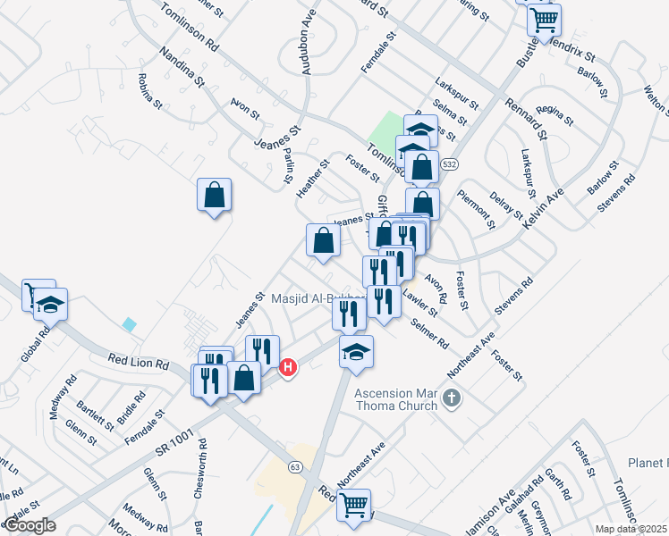 map of restaurants, bars, coffee shops, grocery stores, and more near 10238 Selmer Terrace in Philadelphia