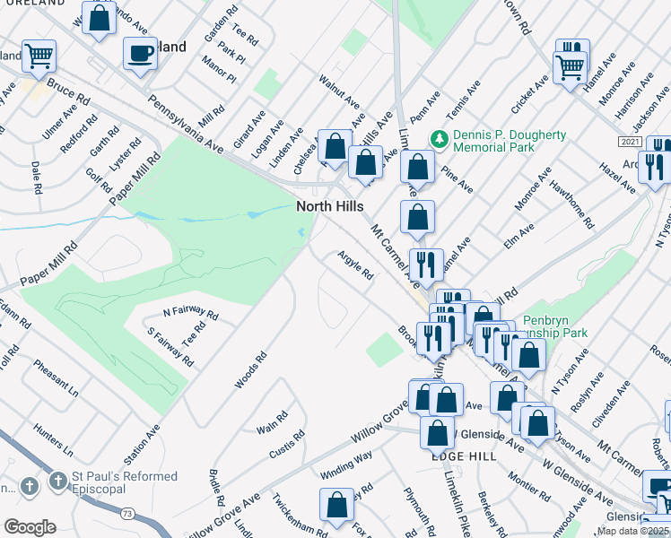 map of restaurants, bars, coffee shops, grocery stores, and more near 749 Brooke Road in Glenside
