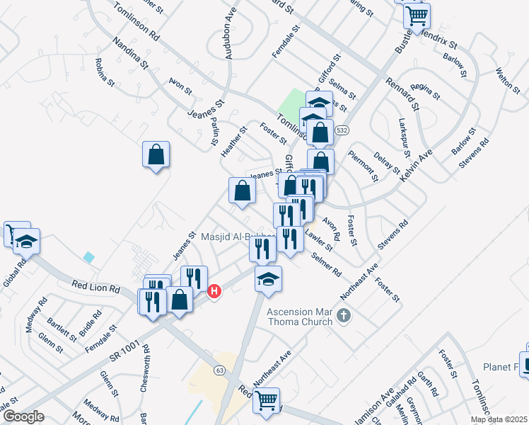 map of restaurants, bars, coffee shops, grocery stores, and more near 10234 Selmer Place in Philadelphia