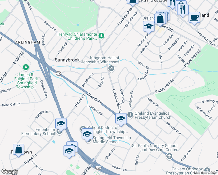 map of restaurants, bars, coffee shops, grocery stores, and more near 503 Oreland Mill Rd in Oreland