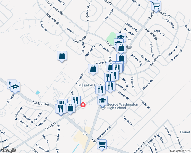 map of restaurants, bars, coffee shops, grocery stores, and more near 10236 Selmer Terrace in Philadelphia
