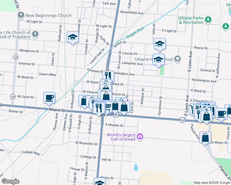 map of restaurants, bars, coffee shops, grocery stores, and more near 133 East Church Street in Urbana