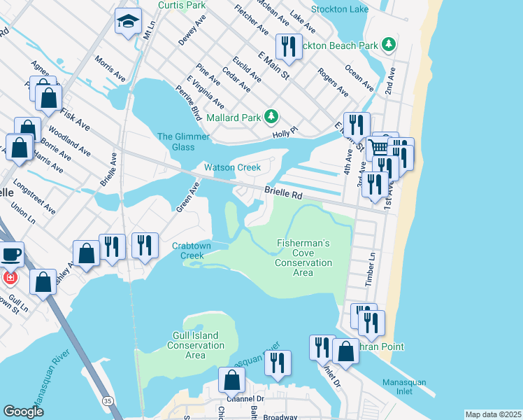 map of restaurants, bars, coffee shops, grocery stores, and more near 26 Deep Creek Drive in Manasquan