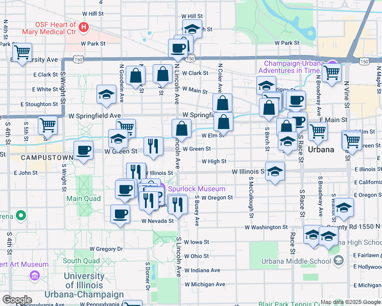map of restaurants, bars, coffee shops, grocery stores, and more near in Urbana