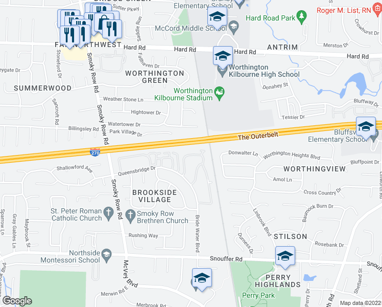 map of restaurants, bars, coffee shops, grocery stores, and more near 1546 Worthington Row Drive in Columbus