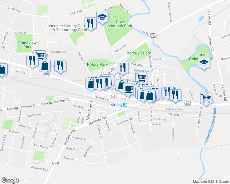 map of restaurants, bars, coffee shops, grocery stores, and more near 15 West Main Street in Mount Joy