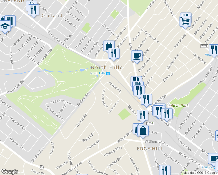 map of restaurants, bars, coffee shops, grocery stores, and more near 749 Brooke Road in Glenside